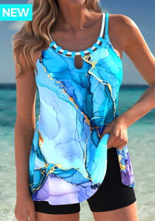Graffiti Print Tummy Coverage Sky Blue Tankini Top