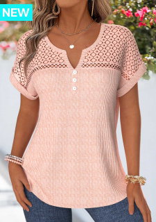 Patchwork Light Pink Short Sleeve Split Neck Blouse