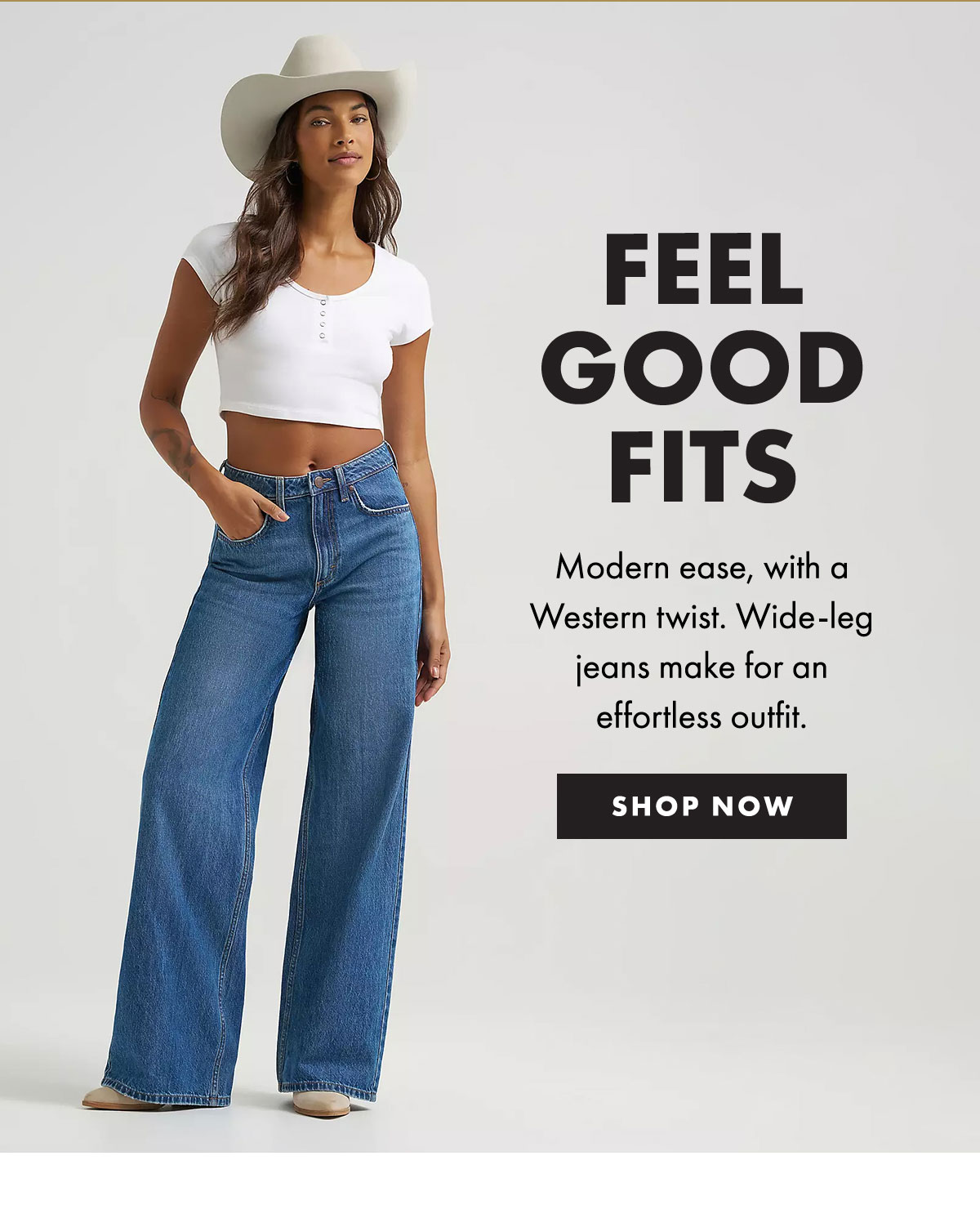 Feel good fits modern ease, with a western twist. WIde-leg jeans make for an effortless outfit. Shop now