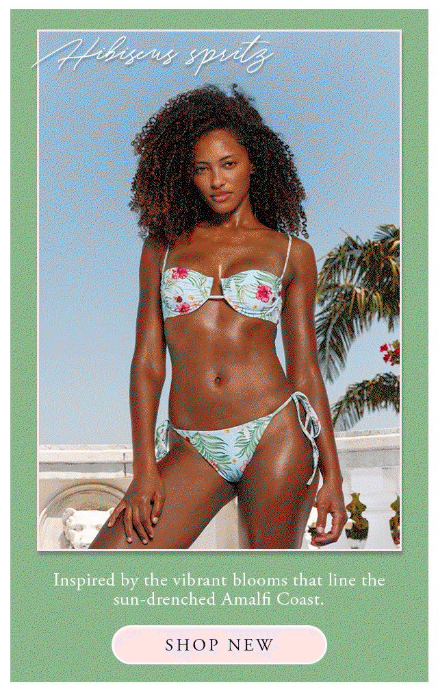 GIF of a blue floral bikini in a green border. Shop new. 