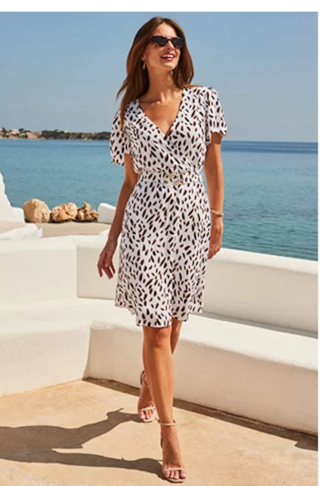 Ivory Fleck Print Faux Wrap Belted Dress