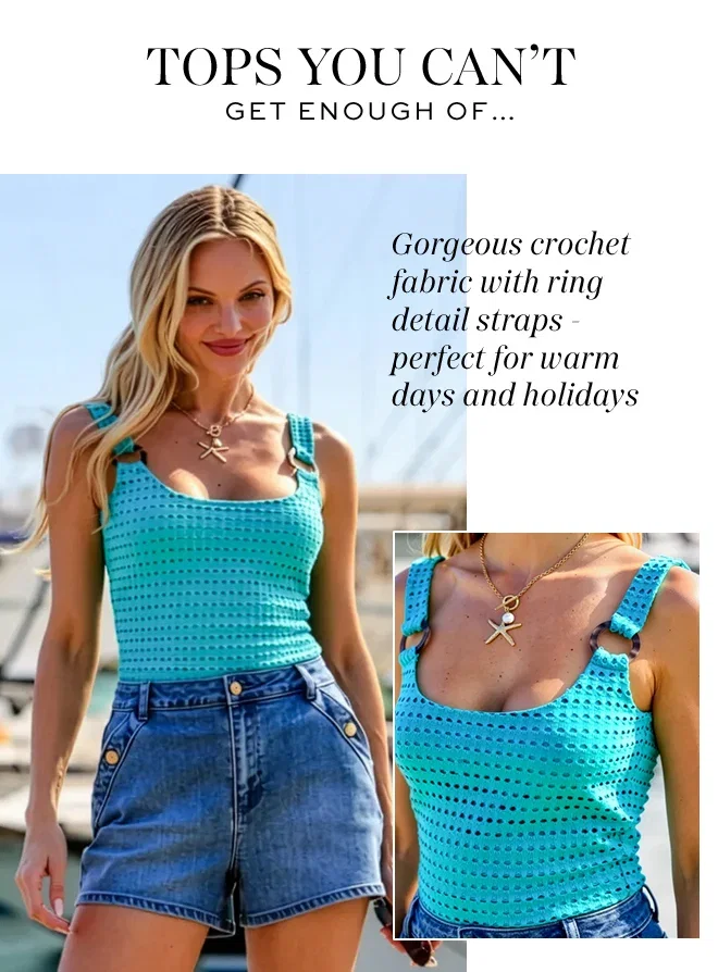 Topaz Blue Crochet Ring Detail Vest Top