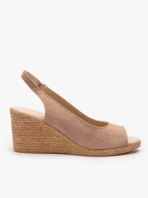 Beige suede slingback wedge sandal with woven heel on white background