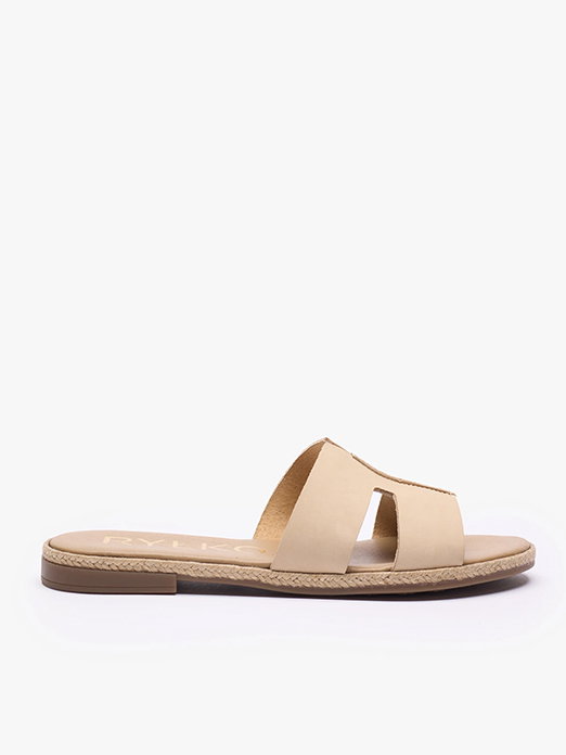Beige leather slide sandal with open toe and flat sole on white background