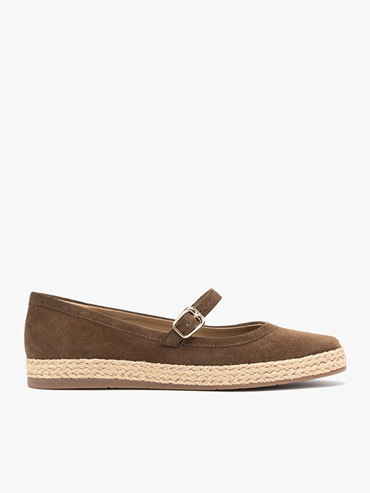 Brown suede Mary Jane espadrille flat with buckle strap and woven sole