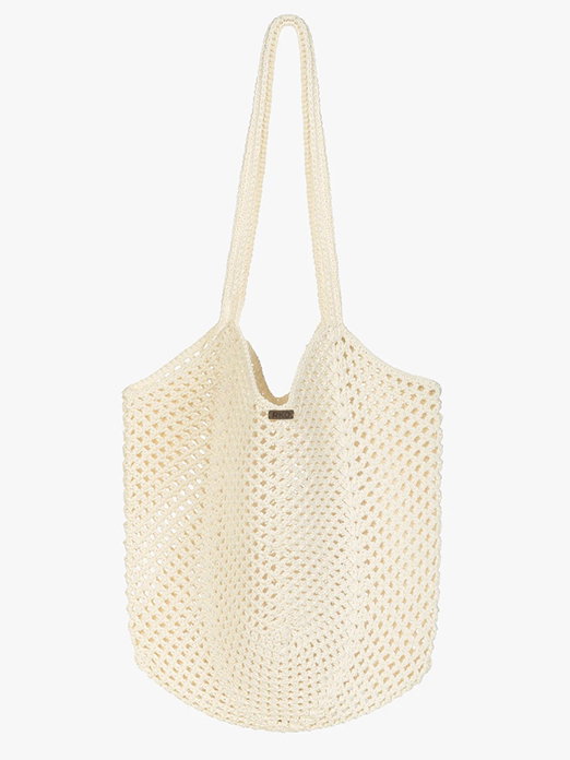 Beige crochet tote bag with long handles on a white background.