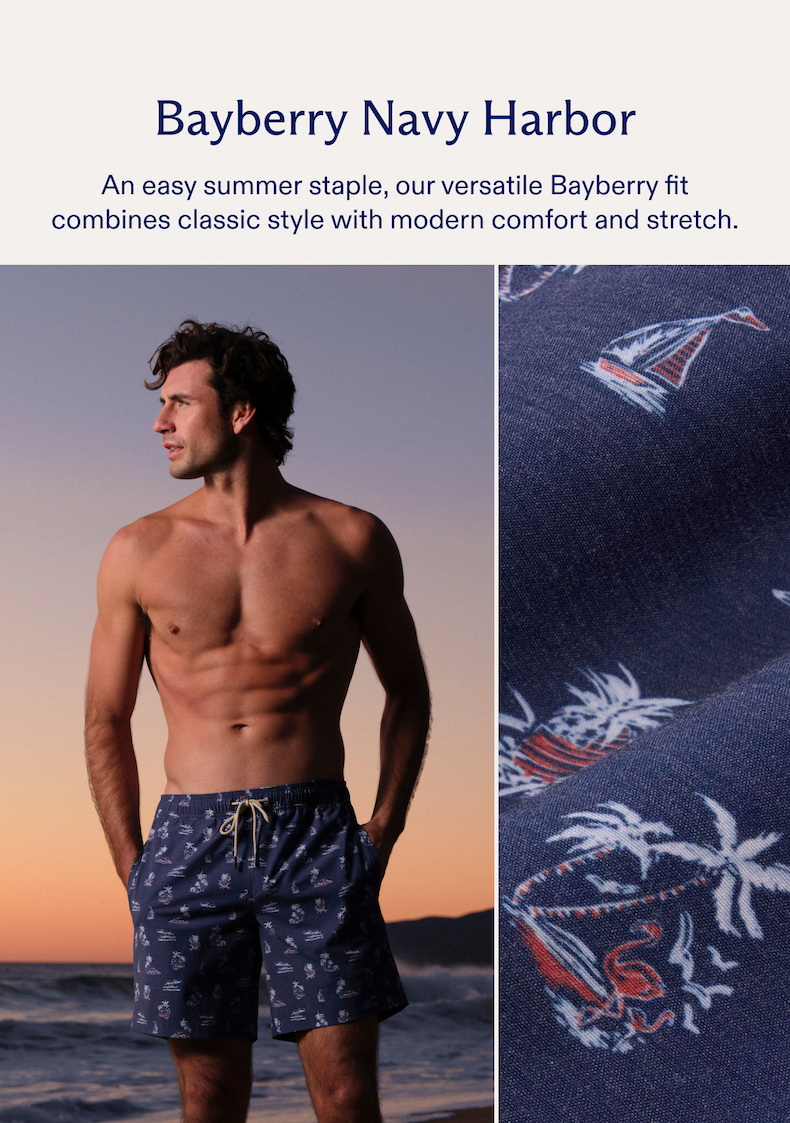 Bayberry Navy Harbor An easy summer staple, our versatile Bayberry fit combines classic style with modern comfort and stretch.