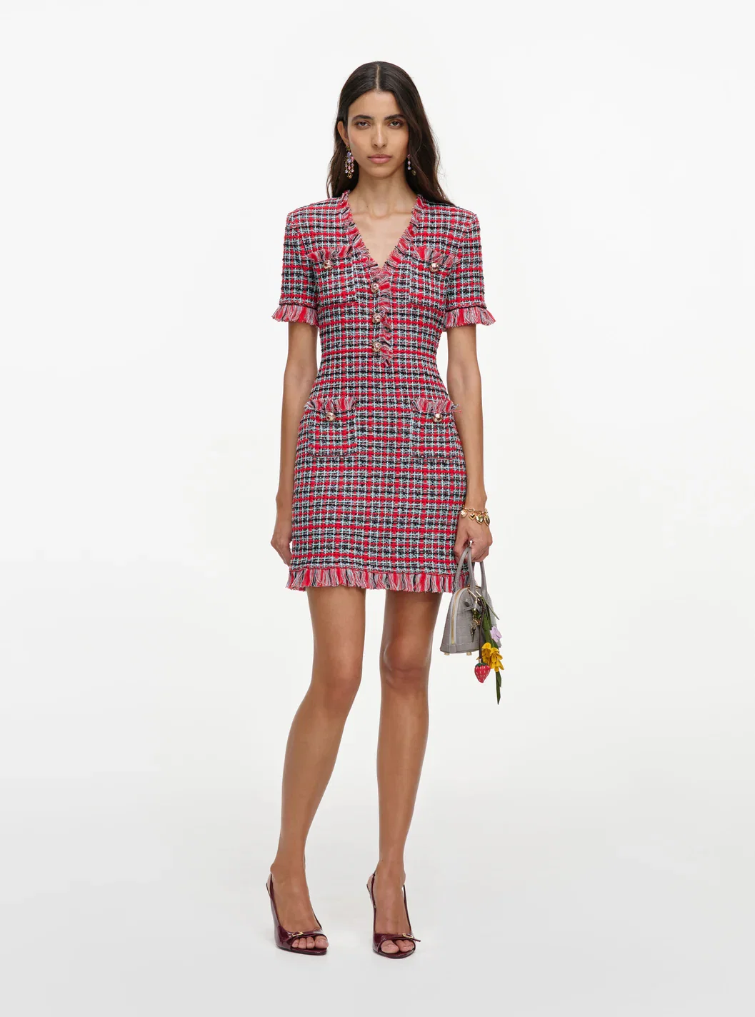 RED CHECK FRAYED KNIT MINI DRESS