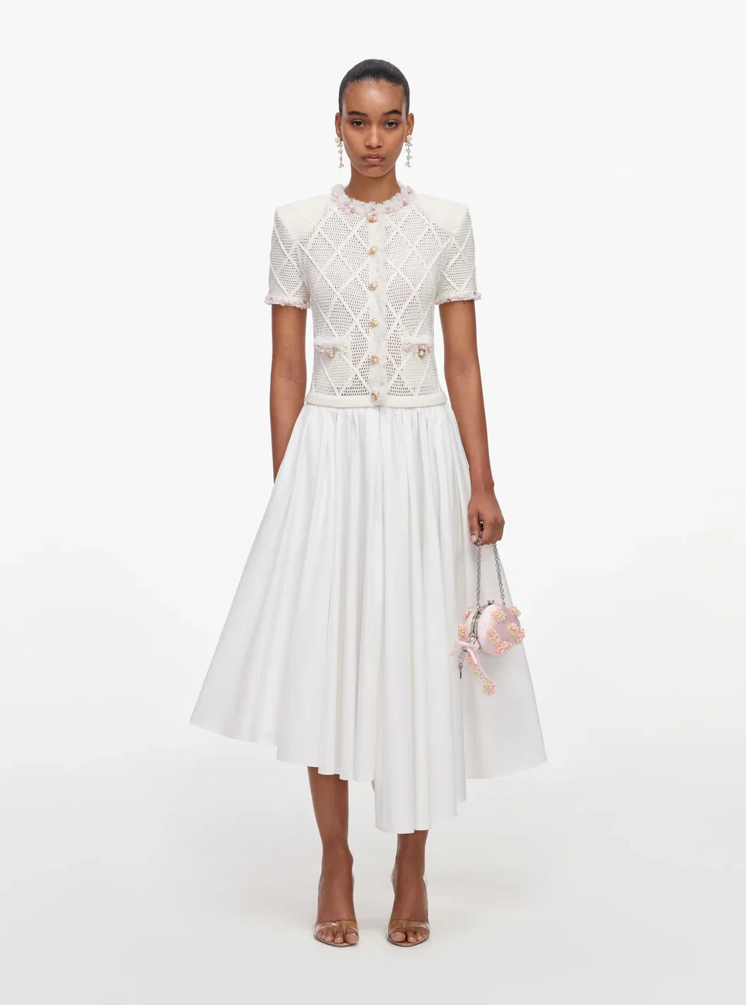 CREAM FRINGE KNIT COTTON MIDI DRESS