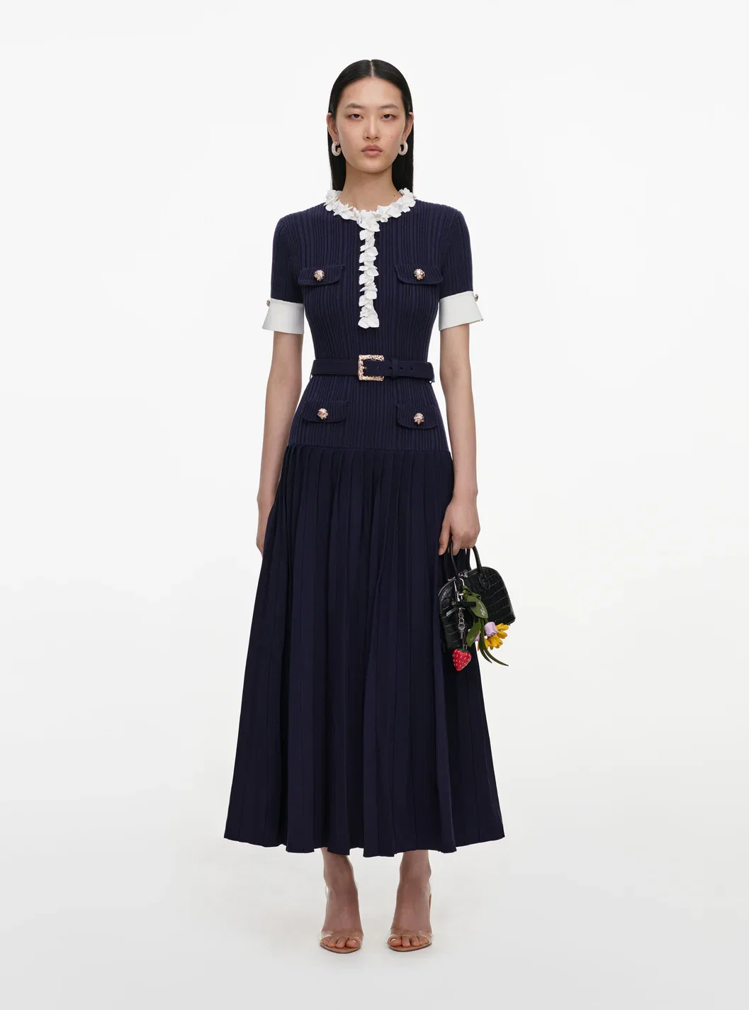 NAVY RIB KNIT MIDI DRESS