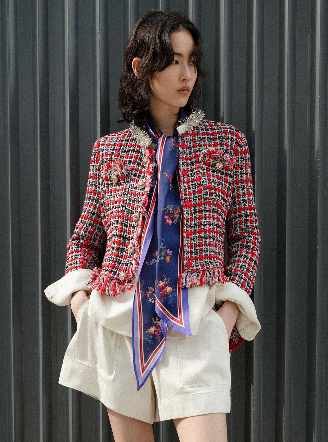 RED CHECK FRAYED KNIT JACKET