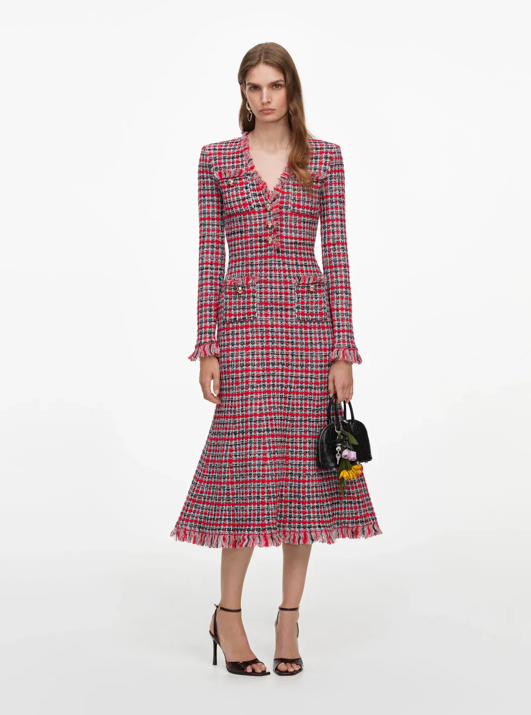 RED CHECK FRAYED KNIT MIDI DRESS