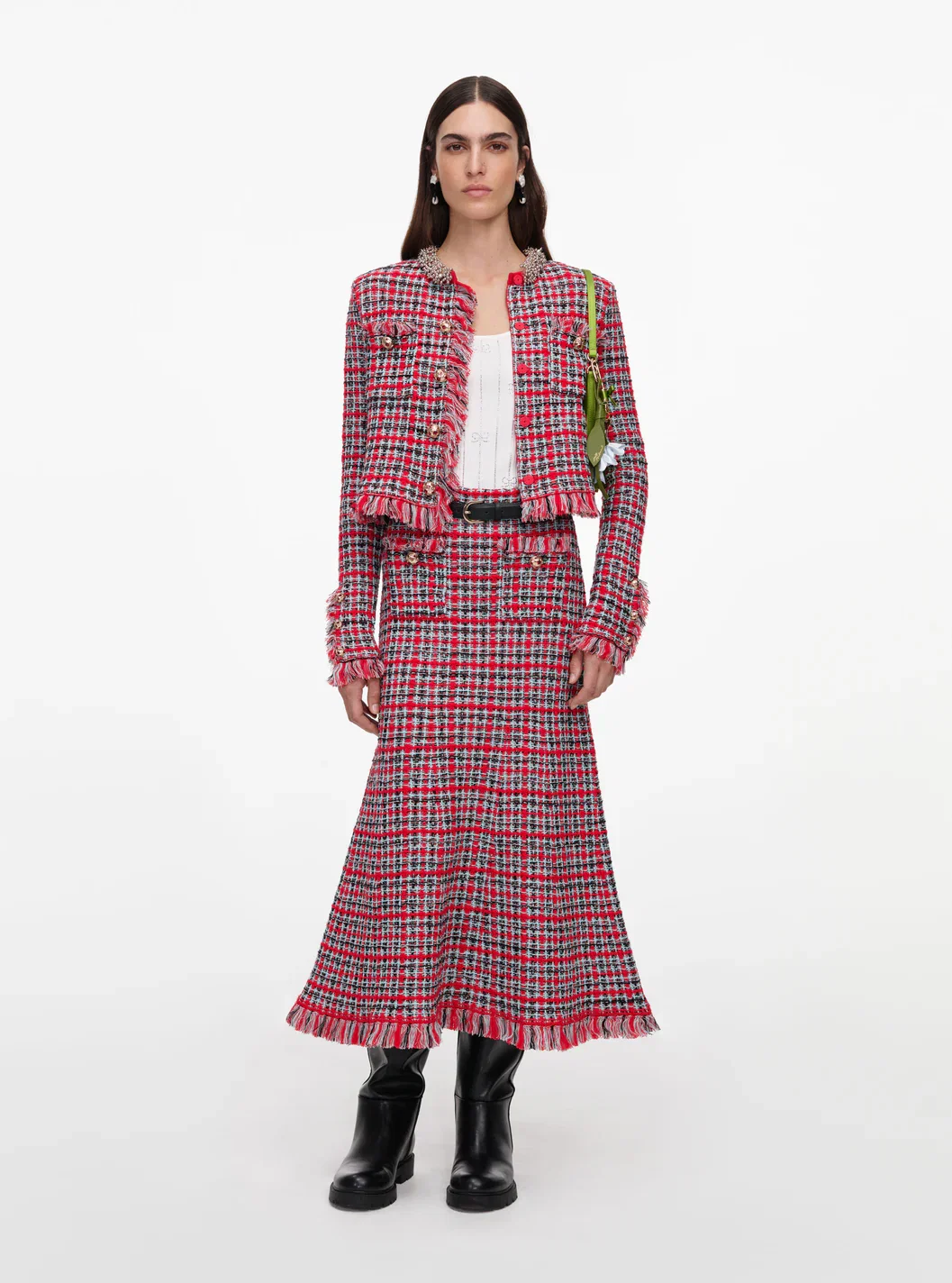 RED CHECK FRAYED KNIT MIDI SKIRT