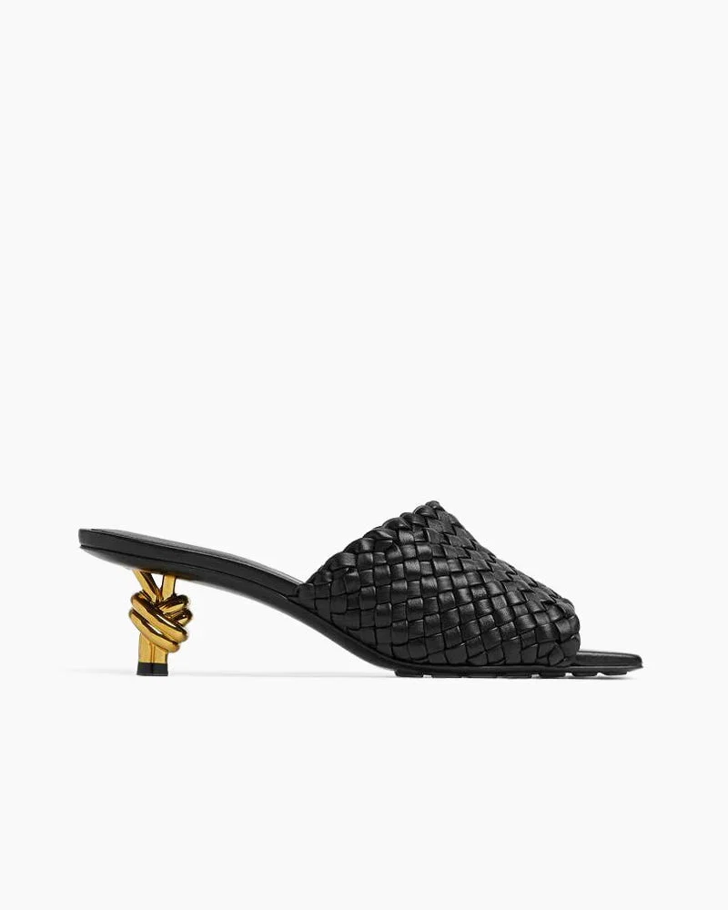 Gold Knot Heel Mules Woven Kitten Heel Pump