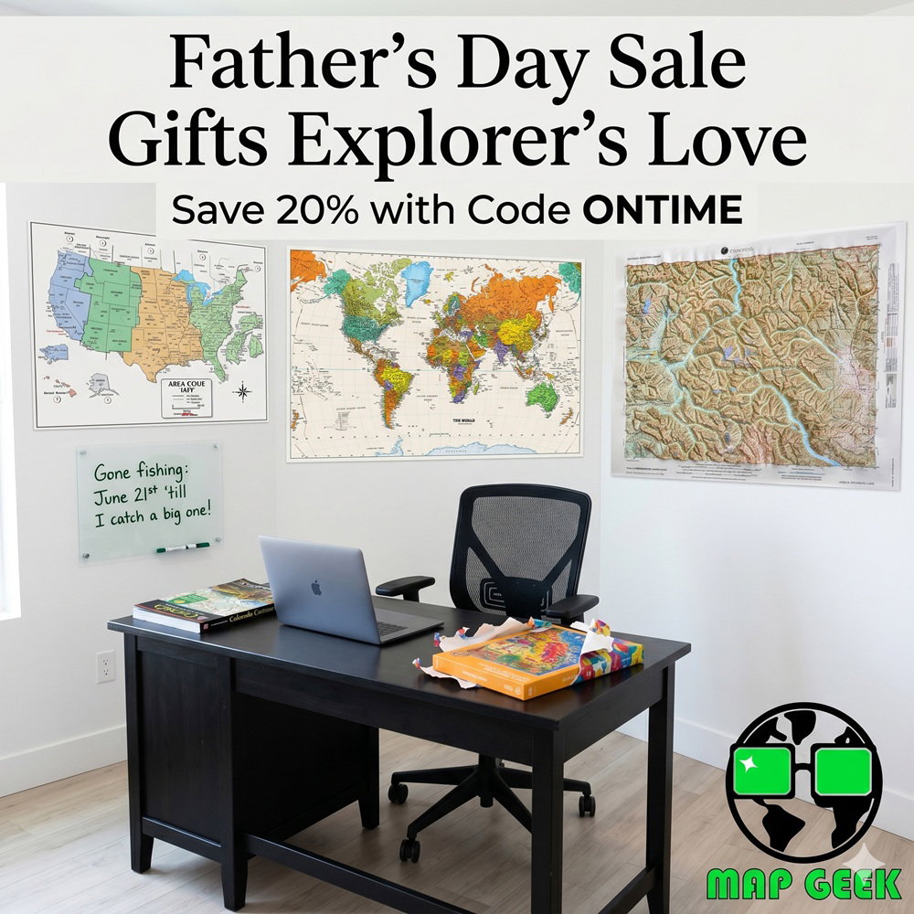 Office with wall maps of US time zones, contemporary world map, Concrete Canyon raised relief map, wine puzzle map