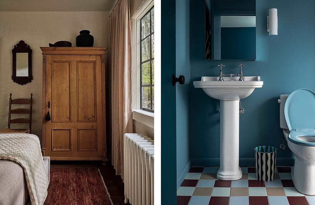 Wardrobe with tassel on door; Blue bathroom with colorful tile floor Wardrobe with tassel on door; Blue bathroom with colorful tile floor