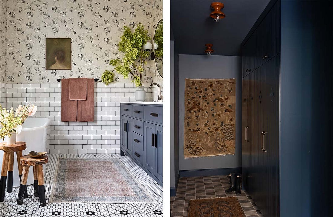 Bathroom with subway tile and neutral toile wallpaper; moody blue mudroom with tapestry Bathroom with subway tile and neutral toile wallpaper; moody blue mudroom with tapestry