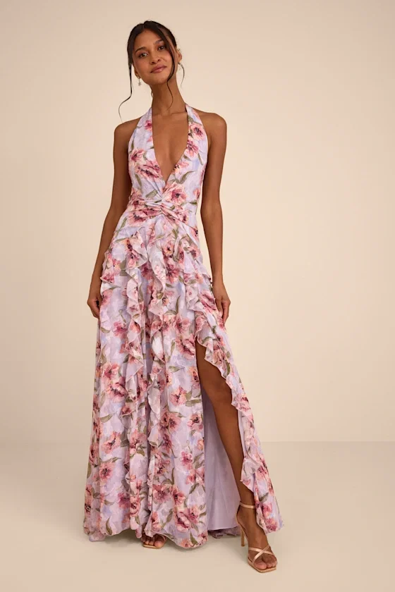 Image of Oleta Lavender Multi Floral Ruffled Maxi Dress