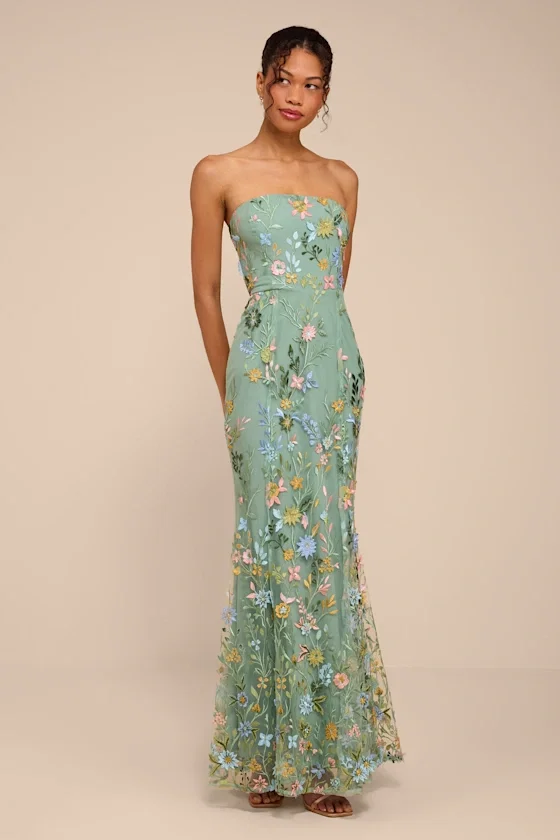 Image of Stefanie Dark Sage Floral Embroidered Mermaid Maxi Dress