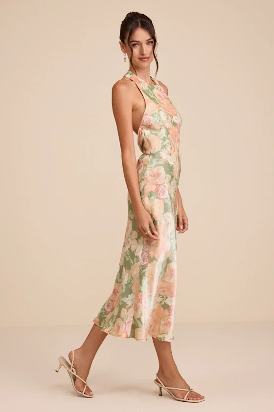 Image of Belin Sage Multi Floral Satin Backless Midi Dress