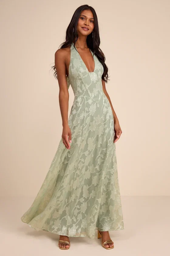 Image of Maira Sage Floral Burnout Halter Maxi Dress