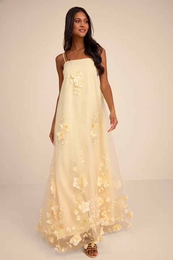 Image of Allie Light Yellow Floral Applique Shift Maxi Dress