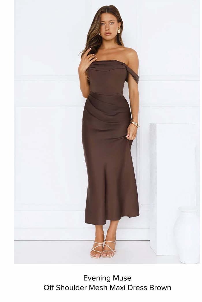 Evening Muse Off Shoulder Mesh Maxi Dress Brown