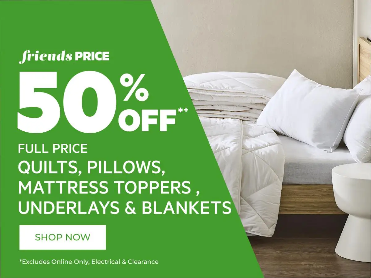 50% off quilts, pillows, mattress toppers, underlays & blankets