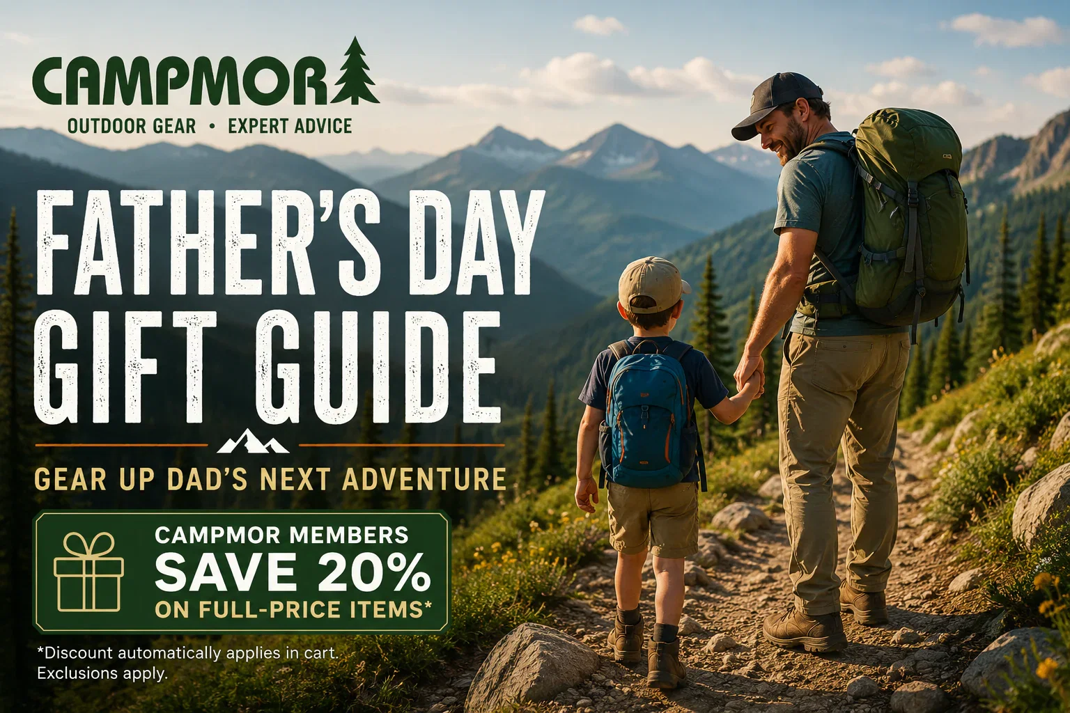 Father and child hiking together on a mountain trail with outdoor gear from Campmor