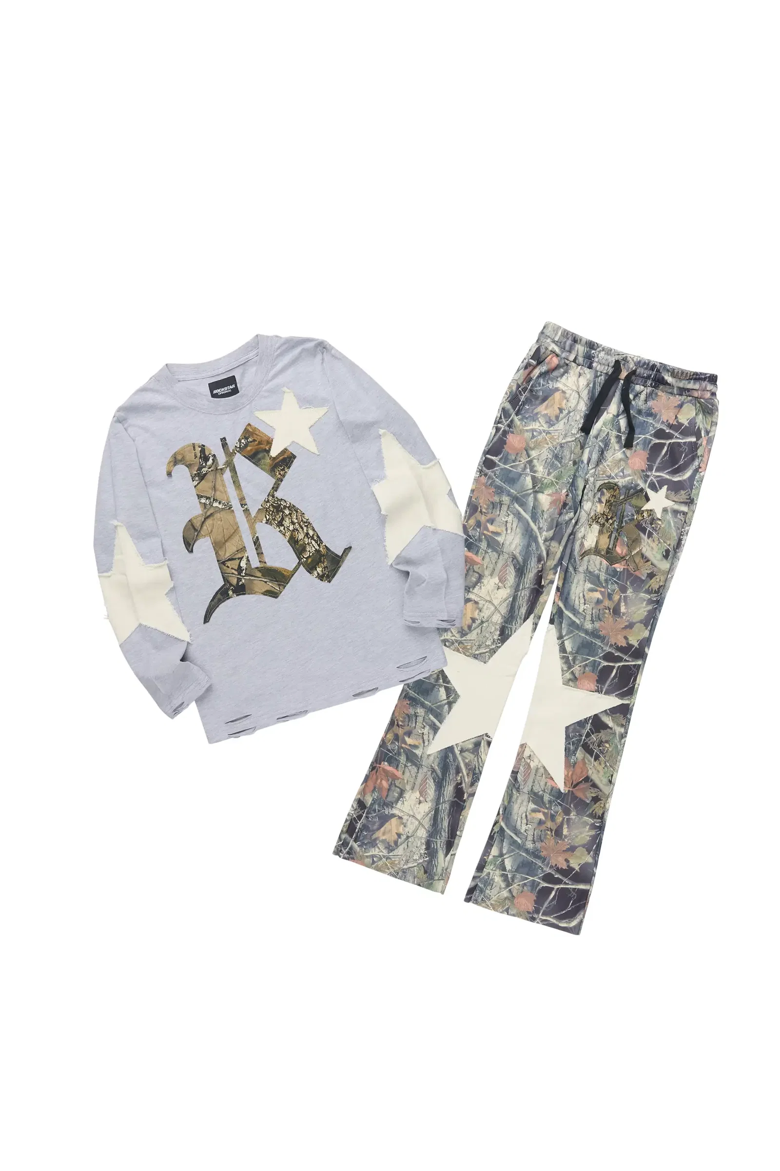 Image of Boys Delgaro Heather Grey/Camo Long Sleeve T-Shirt Track Set