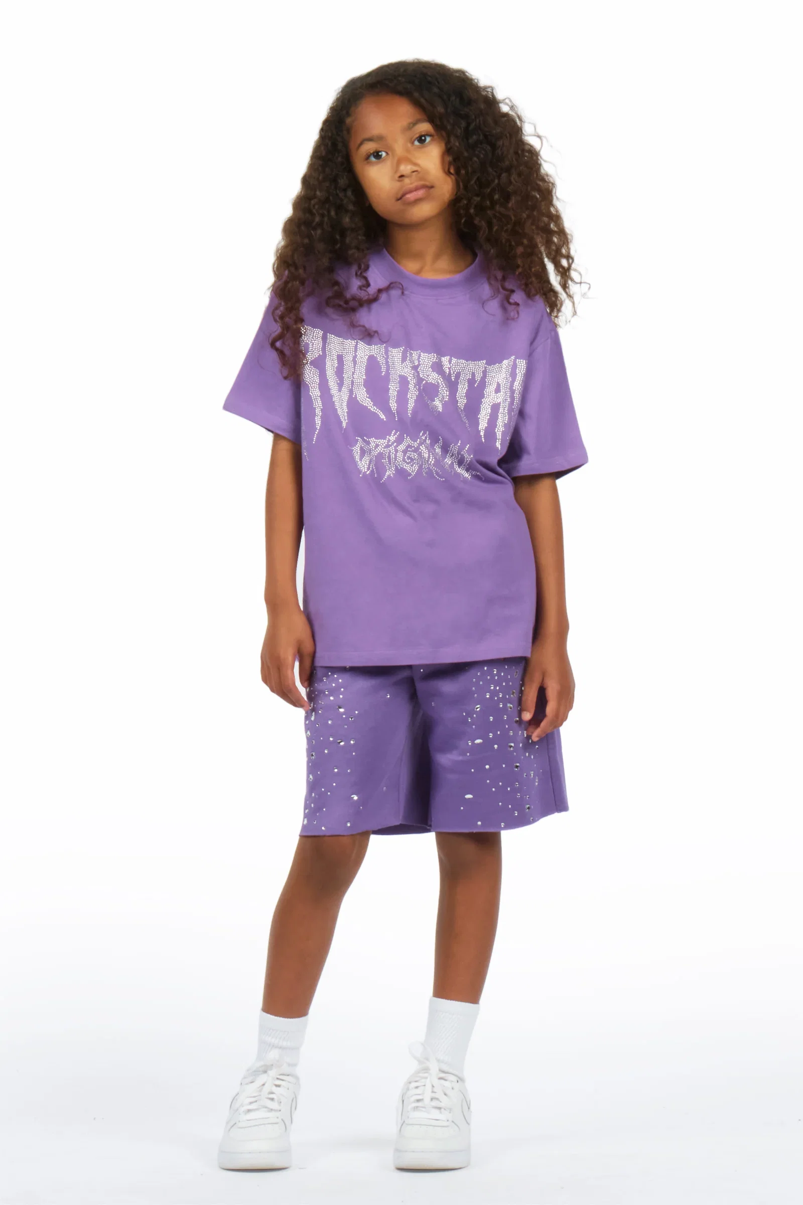 Image of Girls Porsha Purple Rhinestone Short Set