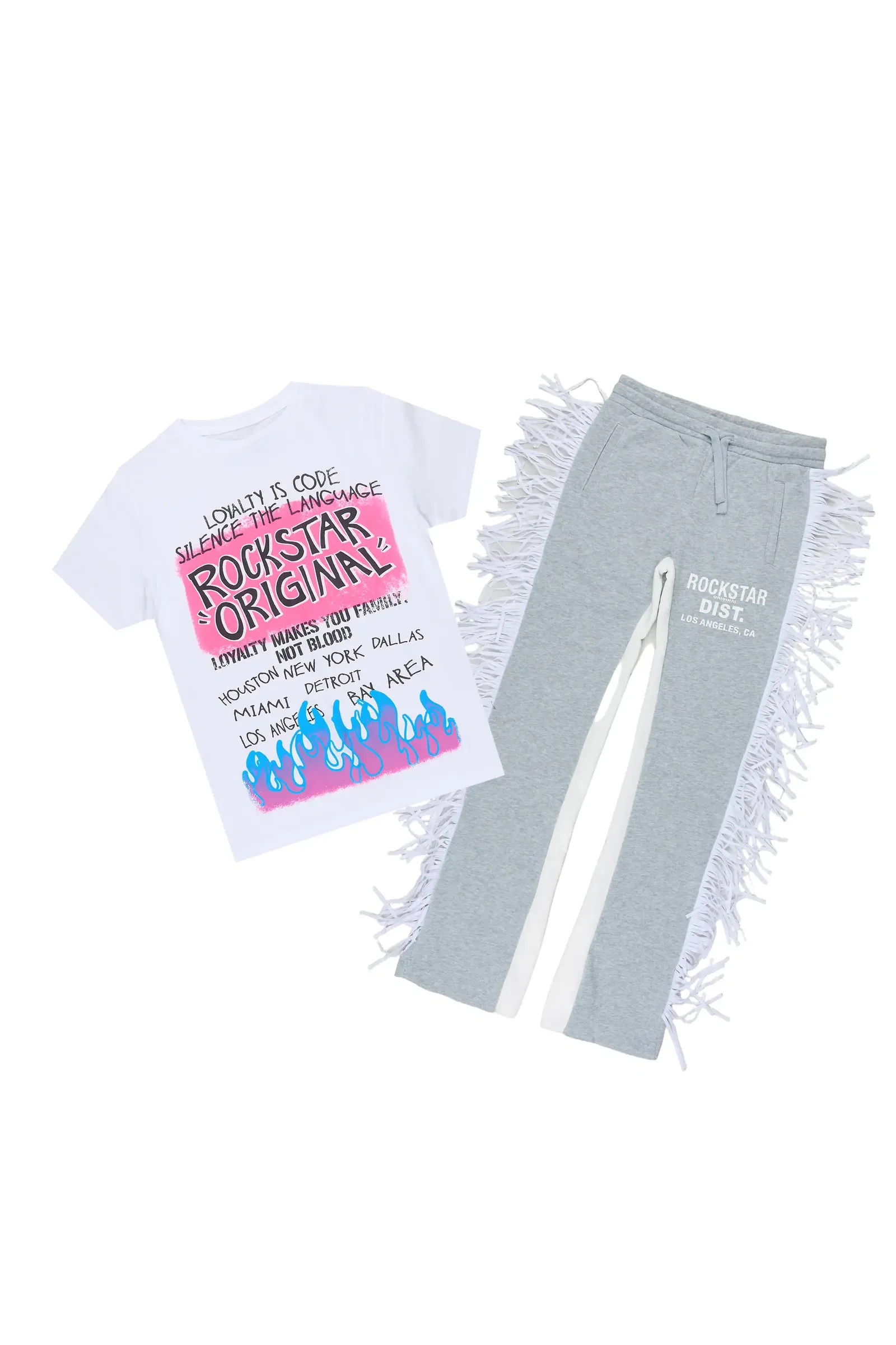 Image of Girls Briken White/Grey T-Shirt/Fringe Stacked Pant Set