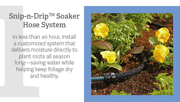 1. Snip-n-Drip™ Soaker Hose System  In less than an hour, install a customized system that delivers moisture directly to plant roots all season long—saving water while helping keep foliage dry and healthy.