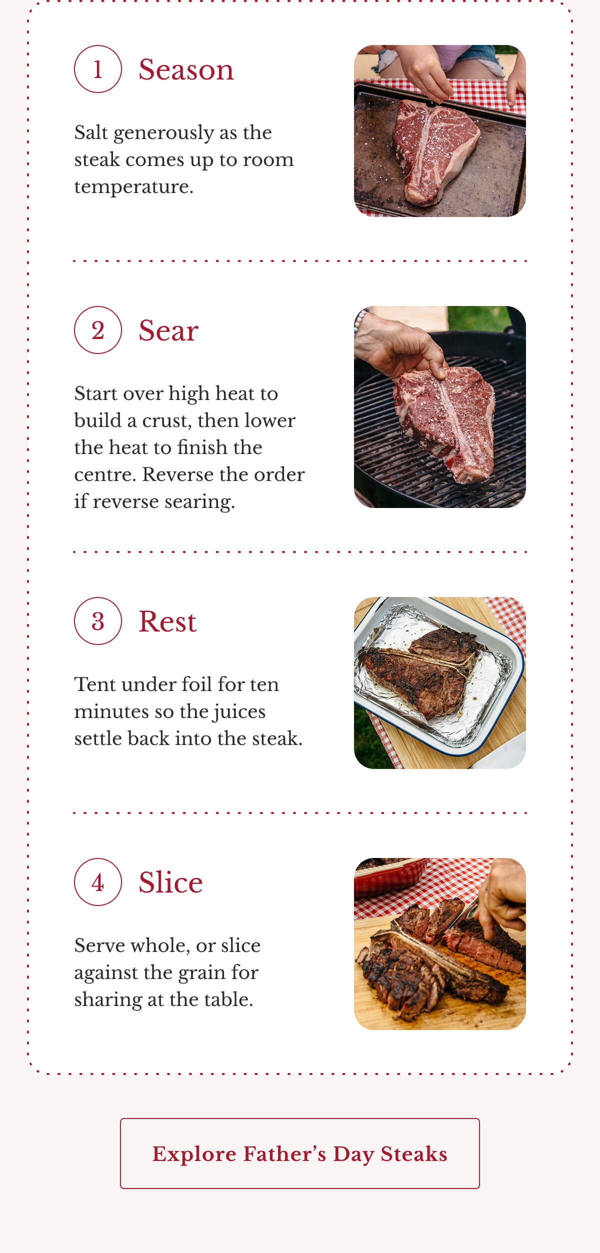 Season | Sear | Rest | Slice