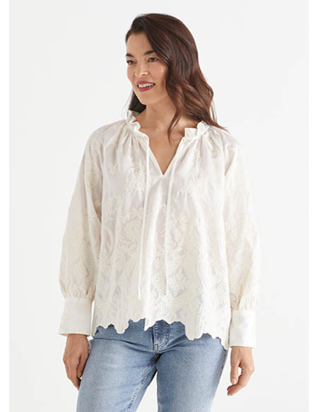 Embroidered Scallop Hem Blouse