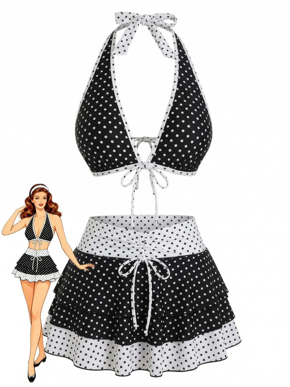 [Pre-Sale] 2PCS Black 1940s Polka Dot Halter Bikini Set & Cover-Up