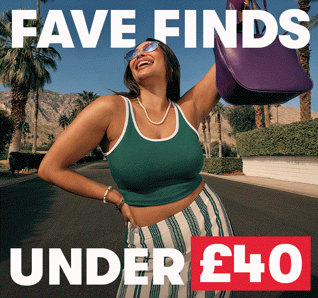 Model wearing a green cropped tank and striped trousers, holding a purple bag on a palm‑lined street with text reading “Fave Finds Under £40.”