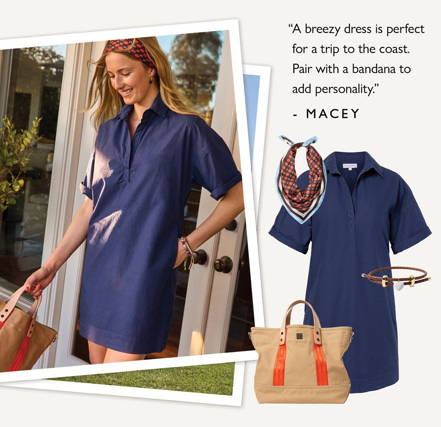 A breezy dress is perfect for a trip to the coast. Pair with a bandana to add personality. -Macey. Image of model and cutouts of themebox looks.