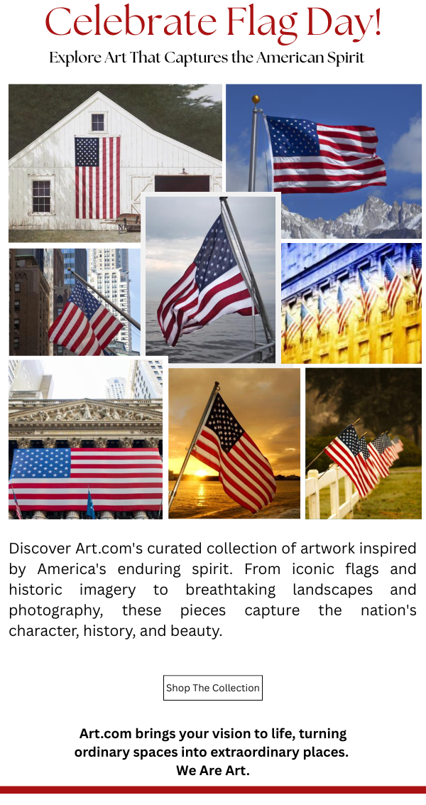 Celebrate Flag Day! Explore Art That Captures the American Spirit. Discover Art.com's curated collection of artwork inspired by America's enduring spirit. From iconic flags and historic imagery to breathtaking landscapes and photography, these pieces capture the character, history, and beauty of the nation.