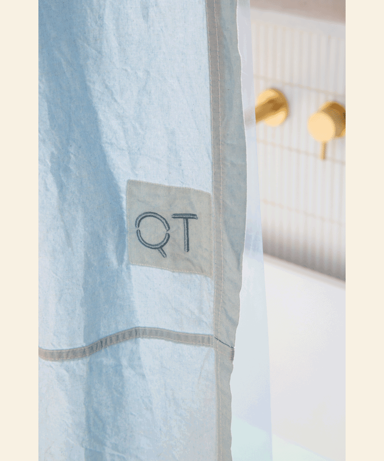 QT Blue shower curtain up close