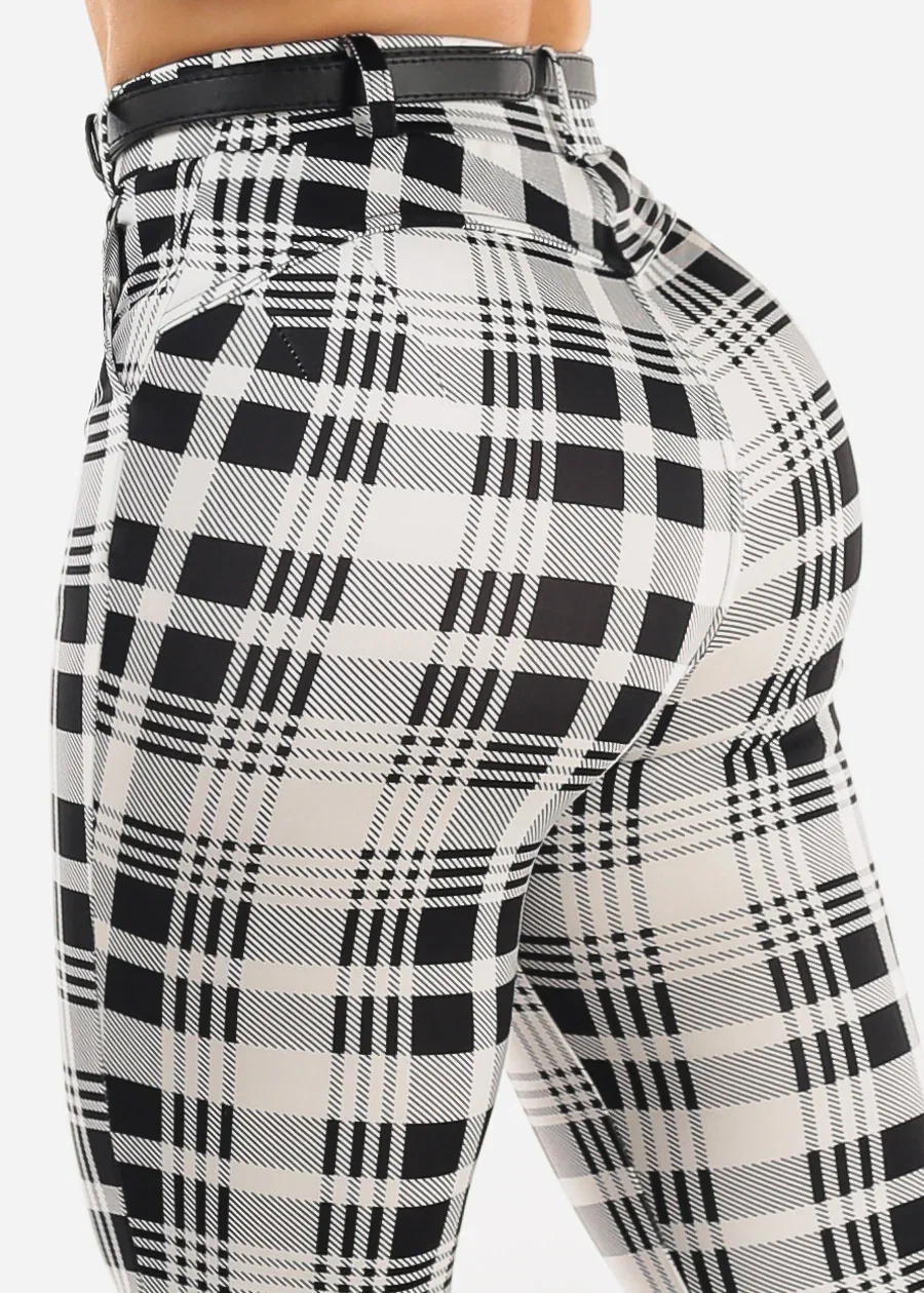 Image of Butt Lift Stretchy Plaid Skinny Ankle Pants White & Black