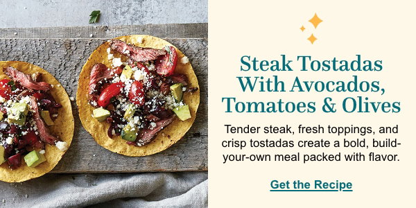 Steak tostadas with avocados, tomatoes and olives