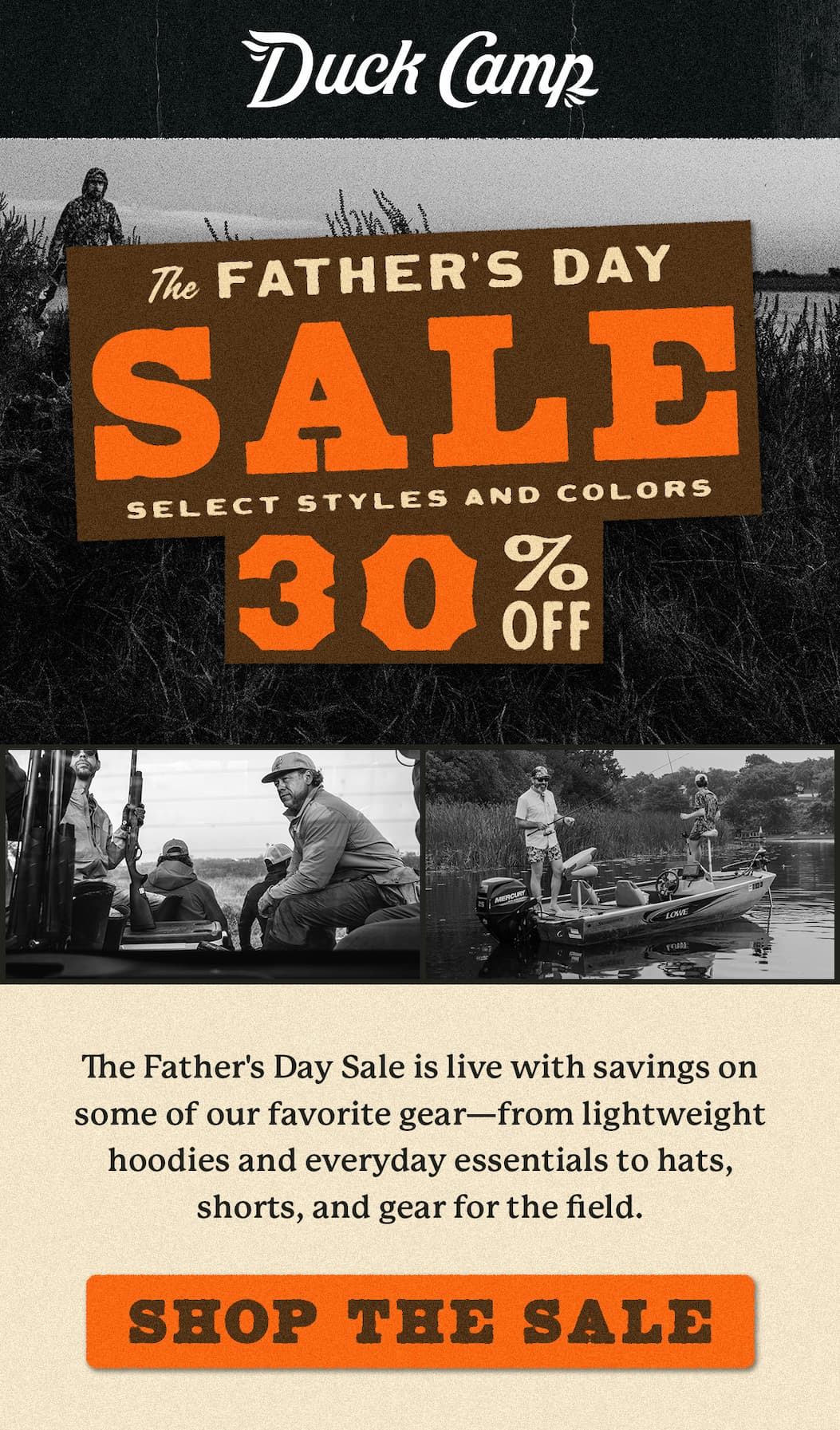 DUCK CAMP | The Father’s Day Sale  |  The Father's Day Sale is live with savings on some of our favorite gear—from lightweight hoodies and everyday essentials to hats, shorts, and gear for the field.