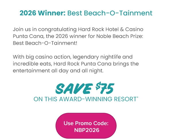 2026 Winner: Best Beach-O-Tainment Join us in congratulating Hard Rock Hotel & Casino Punta Cana, the 2026 winner for Noble Beach Prize: Best Beach-O-Tainment! With big casino action, legendary nightlife and incredible eats, Hard Rock Punta Cana brings the entertainment all day and all night.
