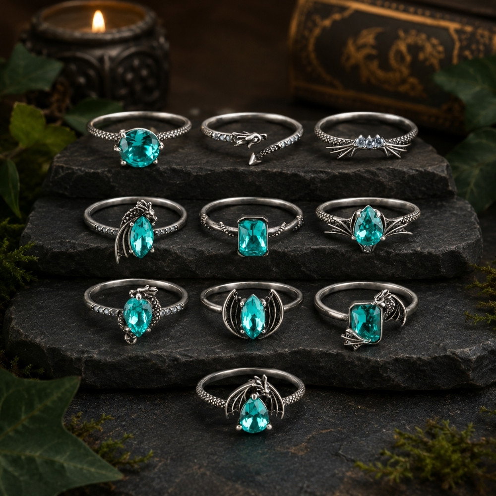 10 NEW Dragon Design Rings with brilliant teal stones