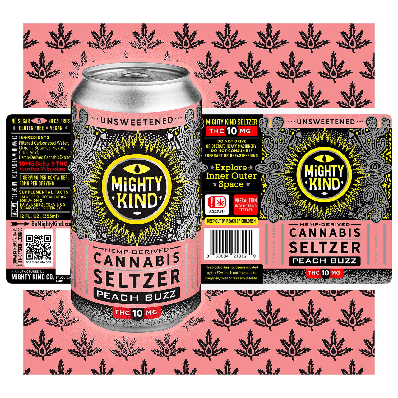 Image of a can of Mighty Kind Peach Buzz THC Seltzer!