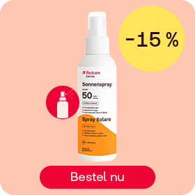 Redcare zonnespray SPF 50 tot -15%, knop “Bestel nu”.
