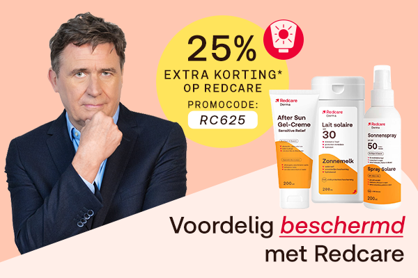 25% extra korting met code RC625 en Erik op Redcare zonproducten, knop “Bestel nu”.