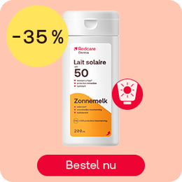Redcare zonnemelk SPF 50 tot -35%, knop “Bestel nu”.