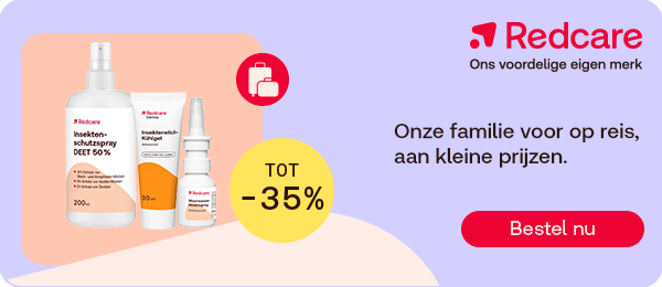 Redcare reisproducten tot -35% voor onderweg, knop “Bestel nu”.